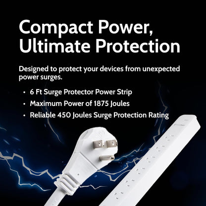 6-Outlet Surge Protector Power Strip with 1 USB-C & 2 USB-A Ports  & 6' Right Angle Power Cord,