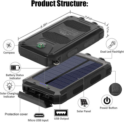 Solar Battery Pack with Dual 2 USB Port/LED Flashlights for Outdoor Camping