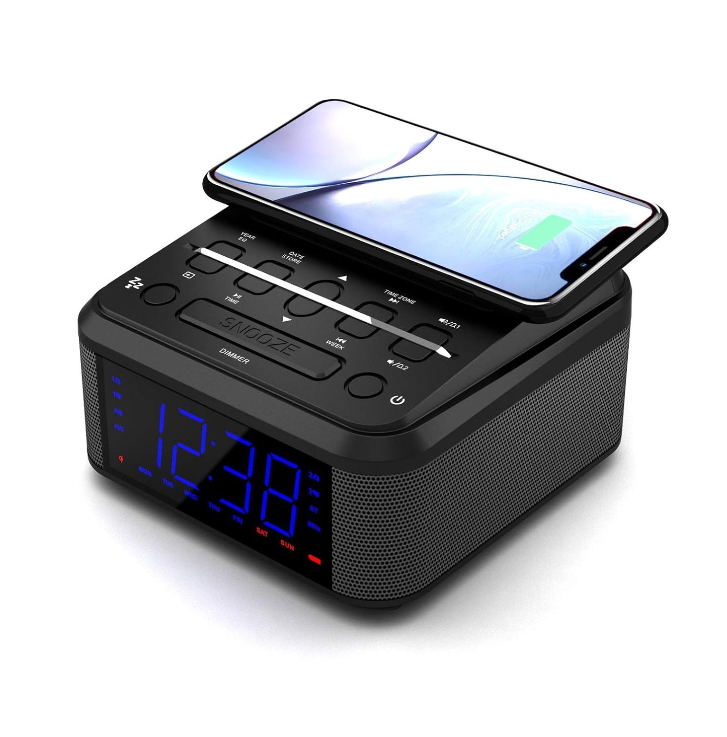Emerson Radio ER100120, 10W Wireless Fast Charging Smartset Alarm Clock Radio with Bluetooth Speaker, USB Charger, FM Radio