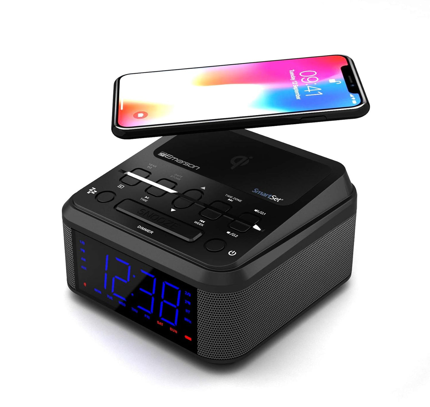 Emerson Radio ER100120, 10W Wireless Fast Charging Smartset Alarm Clock Radio with Bluetooth Speaker, USB Charger, FM Radio