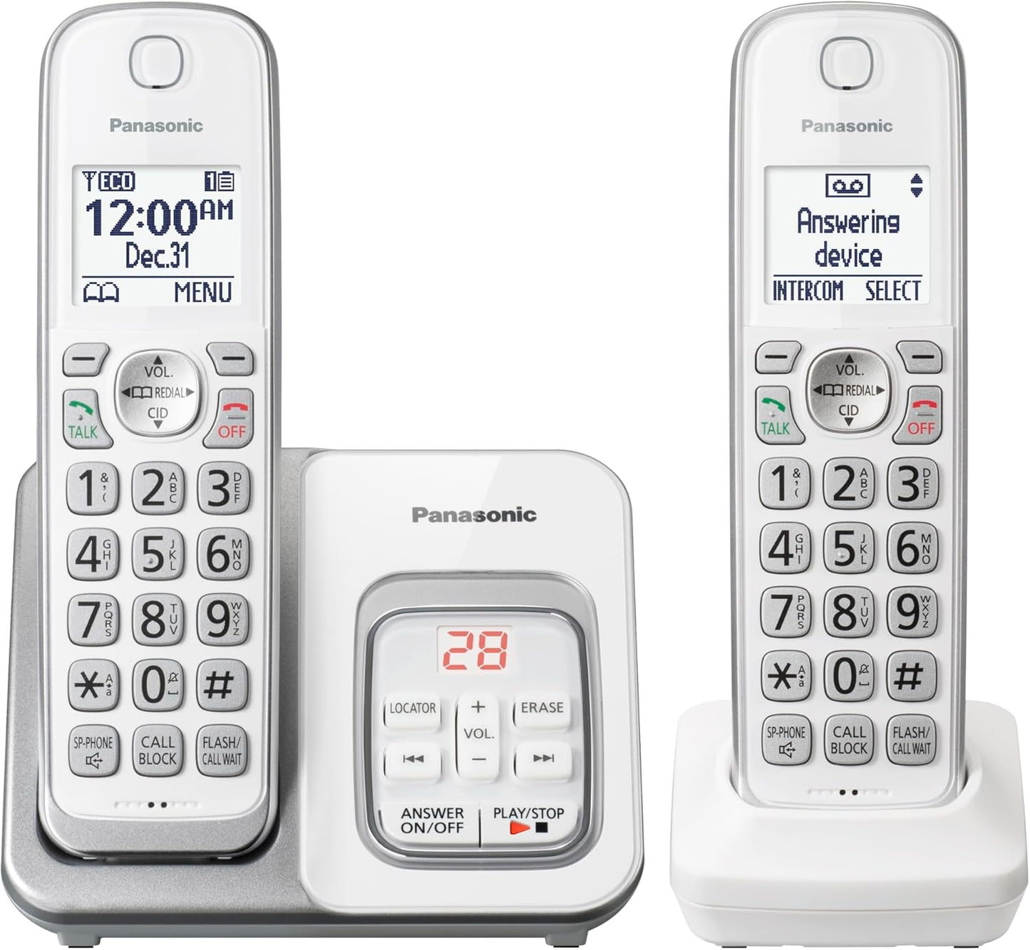 Panasonic DECT 6.0 Expandable Cordless Phone with Answering Machine and Smart Call Block - 2 Cordless Handsets - KX-TGD832W (White)