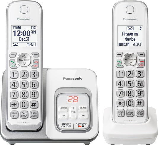 Panasonic DECT 6.0 Expandable Cordless Phone with Answering Machine and Smart Call Block - 2 Cordless Handsets - KX-TGD832W (White)