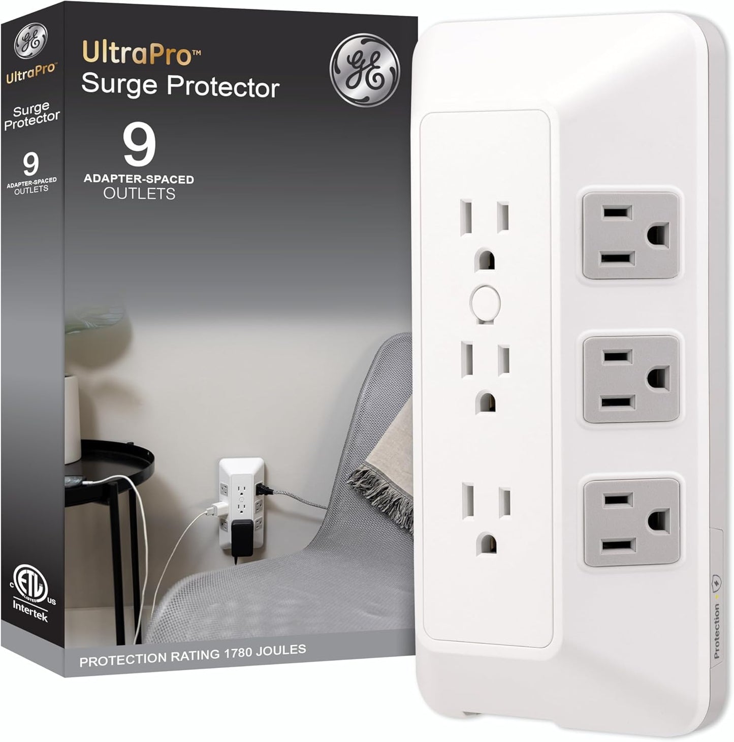 GE 9-Outlet Surge Protector, Multi Plug Outlet Extender, Wall Tap, Adapter 73628