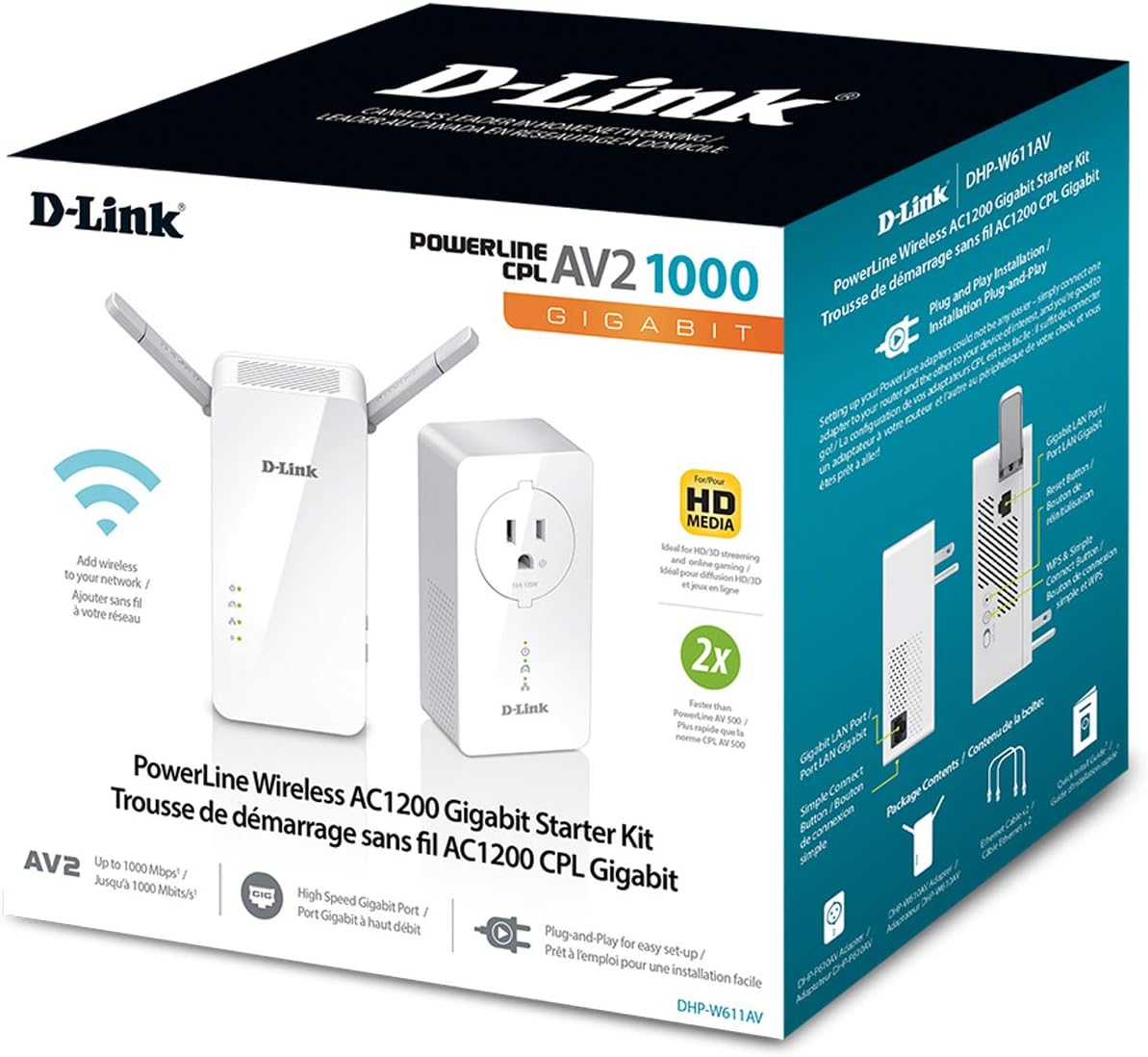 Kit de démarrage pour extension de portée sans fil Gigabit D-Link DHP-W611AV/RE PowerLine AC1200