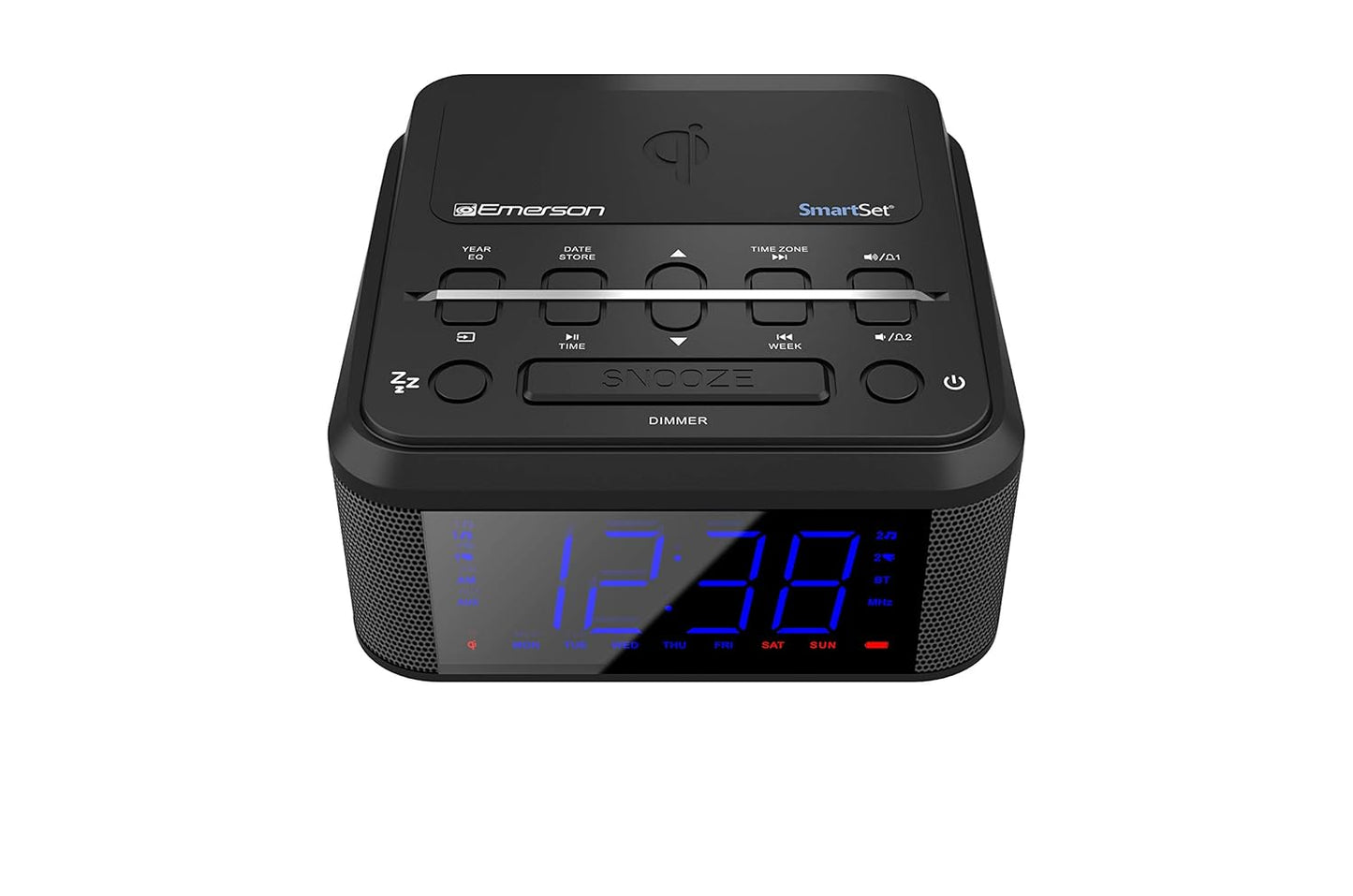 Emerson Radio ER100120, 10W Wireless Fast Charging Smartset Alarm Clock Radio with Bluetooth Speaker, USB Charger, FM Radio