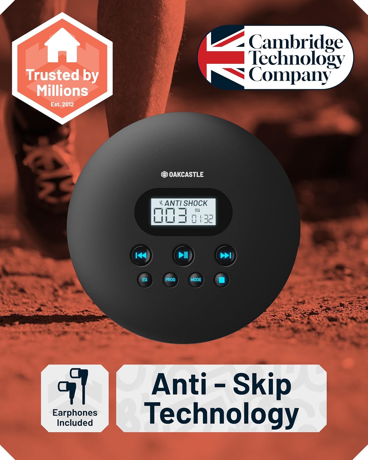 Oakcastle CD100 Rechargeable Bluetooth CD Player | 12hr Portable Playtime QC-CD100-BLK