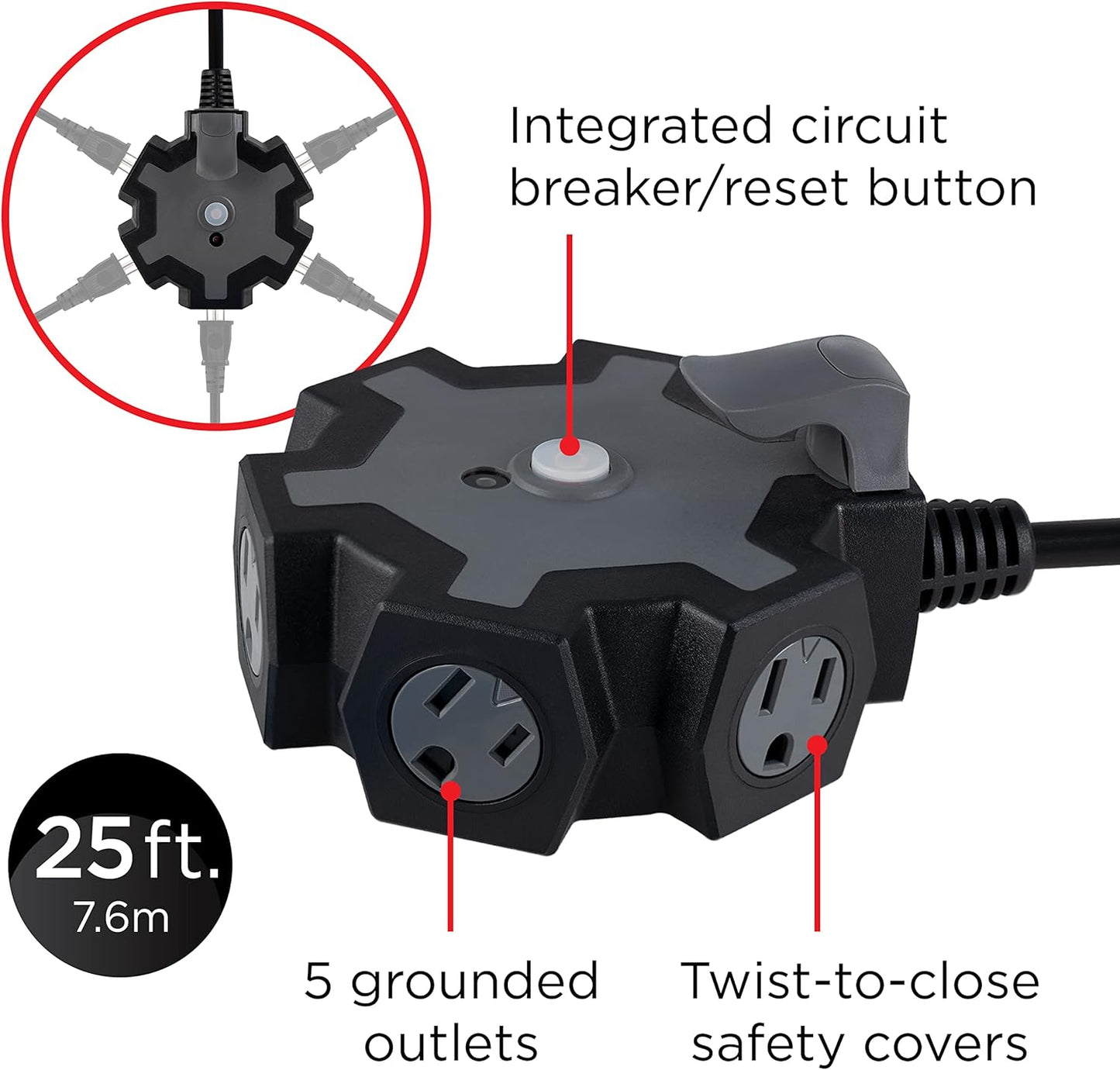 UltraPro Heavy Duty 5-Outlet Hub, 25Ft Grounded Outdoor Extension Cord, 14 AWG, 62438