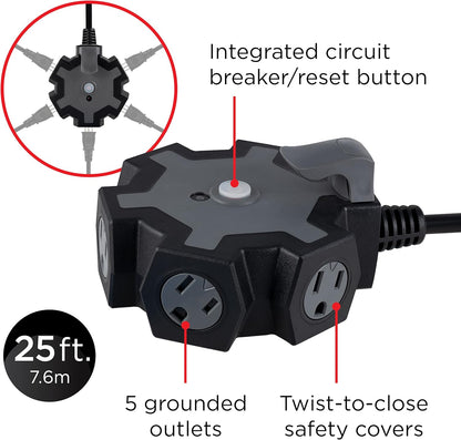 UltraPro Heavy Duty 5-Outlet Hub, 25Ft Grounded Outdoor Extension Cord, 14 AWG, 62438