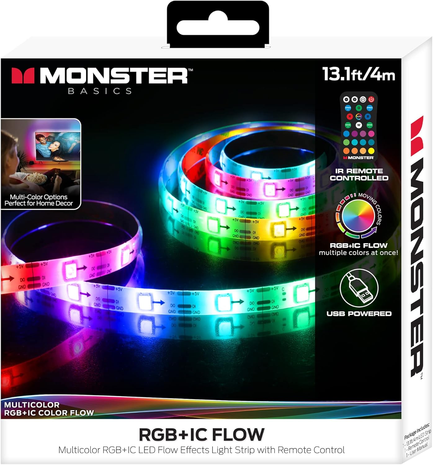 Monster 13ft Multi-Color Flow LED Rainbow Light Strip, Customizable Colors/Flash MLB7-2083-RGB