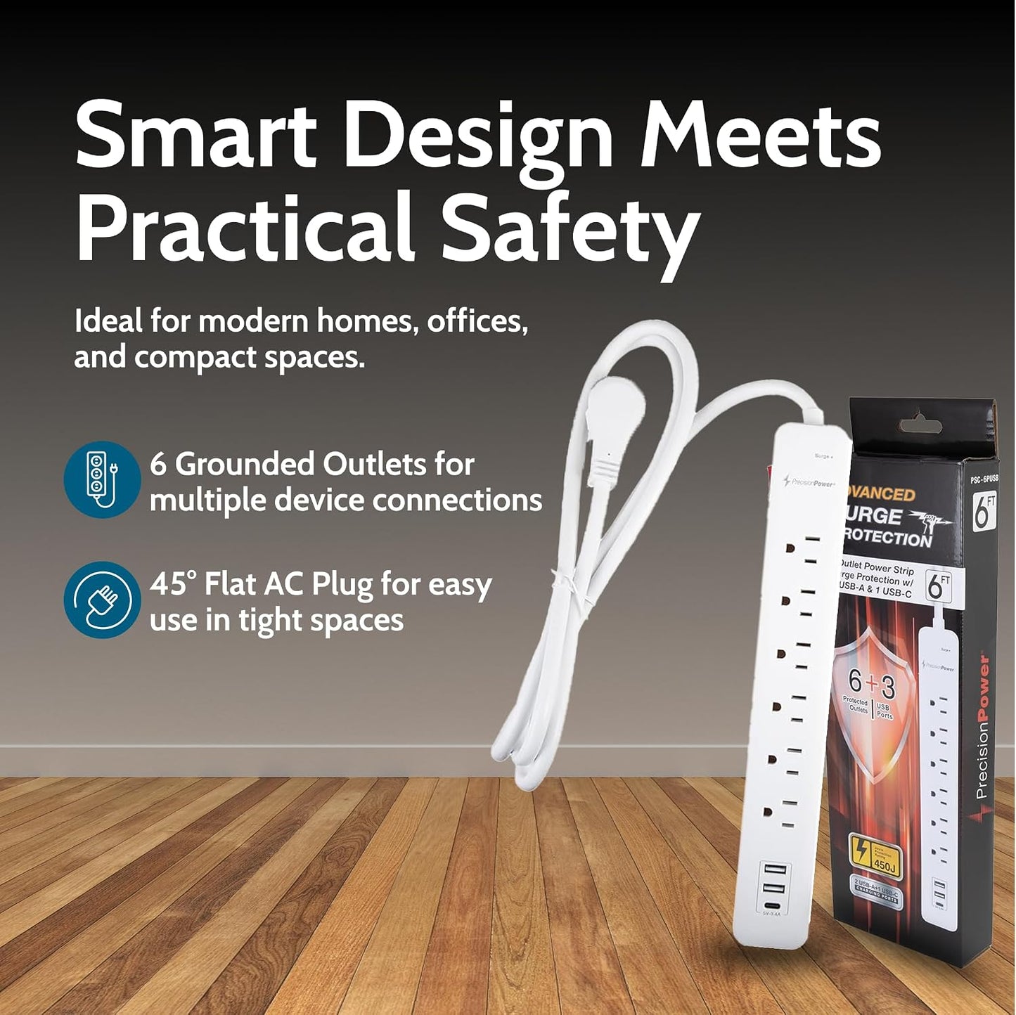 6-Outlet Surge Protector Power Strip with 1 USB-C & 2 USB-A Ports  & 6' Right Angle Power Cord,