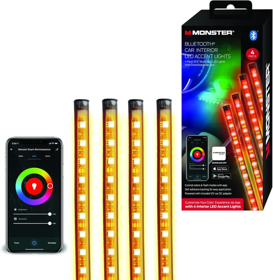 Monster Lot de 4 lumières d'accentuation LED Bluetooth pour intérieur de voiture, 10,5', lumières LED multicolores, contrôlées par application, adaptateur CC de voiture 12 V