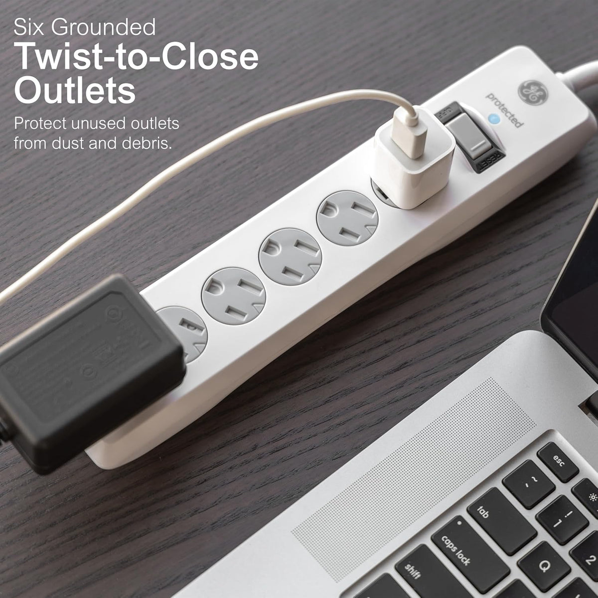 GE 6-Outlet Surge Protector, 10 Ft Extension Cord, Power Strip, 800 Joules, Flat Plug, Twist-to-Close Safety Cover 62933