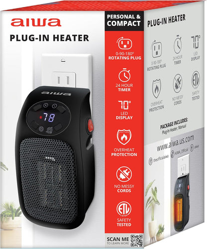 Aiwa Electric Outlet Ceramic Plug-In Space Heater with LCD Digital Screen, Adjustable Thermostat,-WSH3-1003-BLK