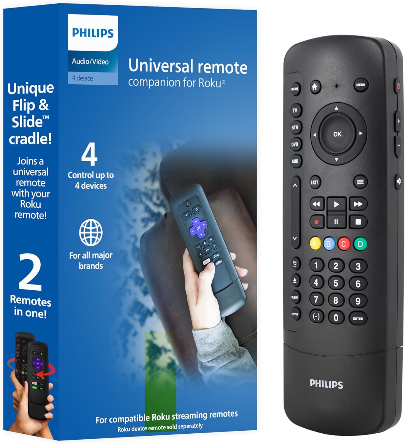 Philips   4 Devices Universal Remote Control with Roku Remote Slide-in Cradle for use with all make HDTV
