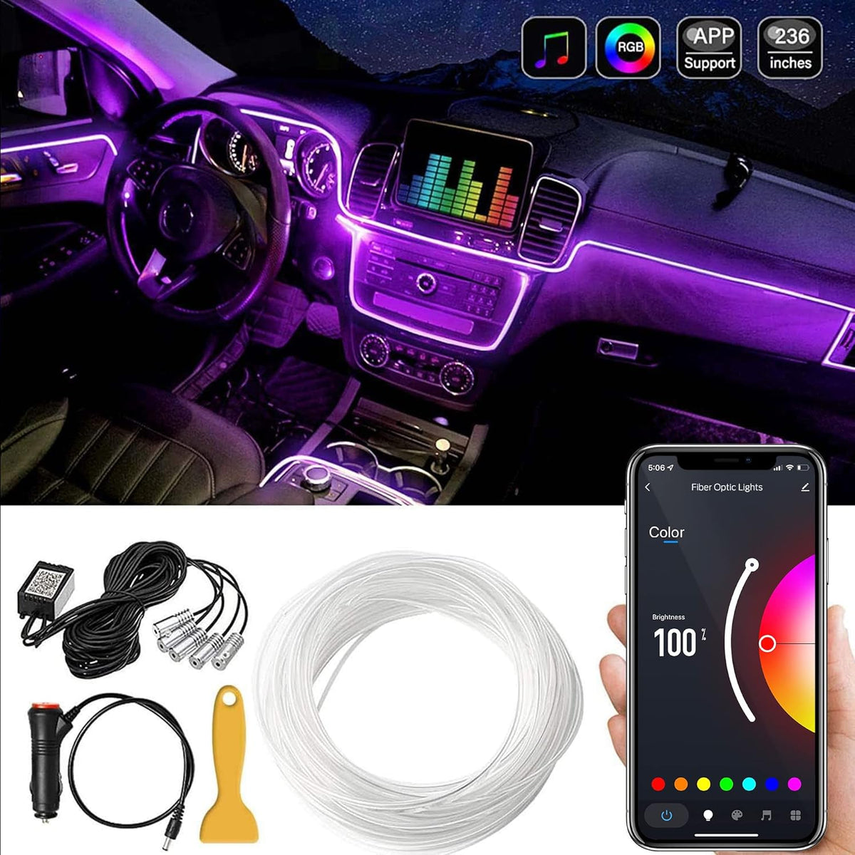 Monster Bluetooth Sound Reactive RGB Fiber Optic Car Interior Lighting Kit MLB7-2016-RGB