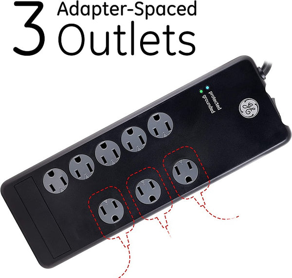 GE Pro 8-Outlet Surge Protector, 4 Ft Power Cord, 2100 Joules, 3 Adapter Spaced Outlets, Flat Plug, Twist to Close Safety Covers, Power Filter, Circuit Breaker, Warranty, UL Listed, Black, 37451