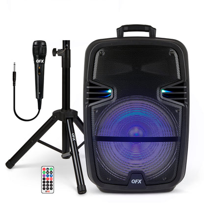15" Bluetooth Rechargeable Speaker with LED Lights, Mic and Stand, Black