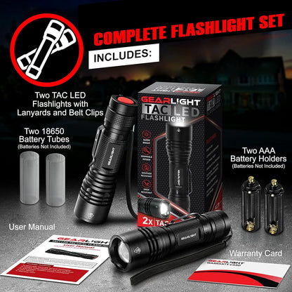 GearLight LED Tactical Flashlights - Pack of 2 - Bright, Zoomable, Handheld