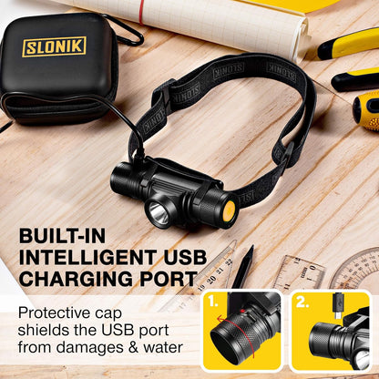 SLONIK LED Headlamp Flashlight - 500 Lumen USB Rechargeable Headlight S10