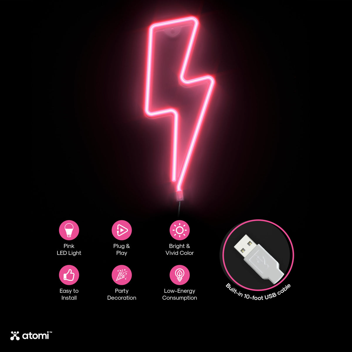 Atomi Pink Bolt Neon Light