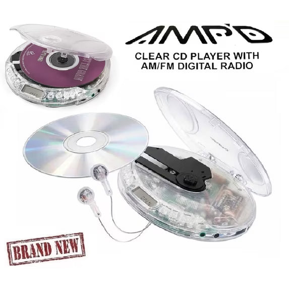 Amp'd Clear Portable Walkman CD Player+ earbuds AM FM Radio With 20 Track Memory
