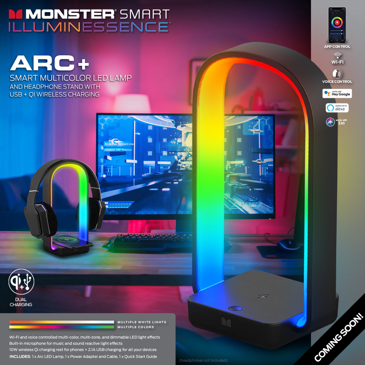 Monster ARC + Lampe LED multicolore réactive 3 en 1 avec son intelligent, lumière + support pour casque + chargement sans fil, contrôle par application et voix, chargement sans fil 10 W, chargeur de port USB arrière