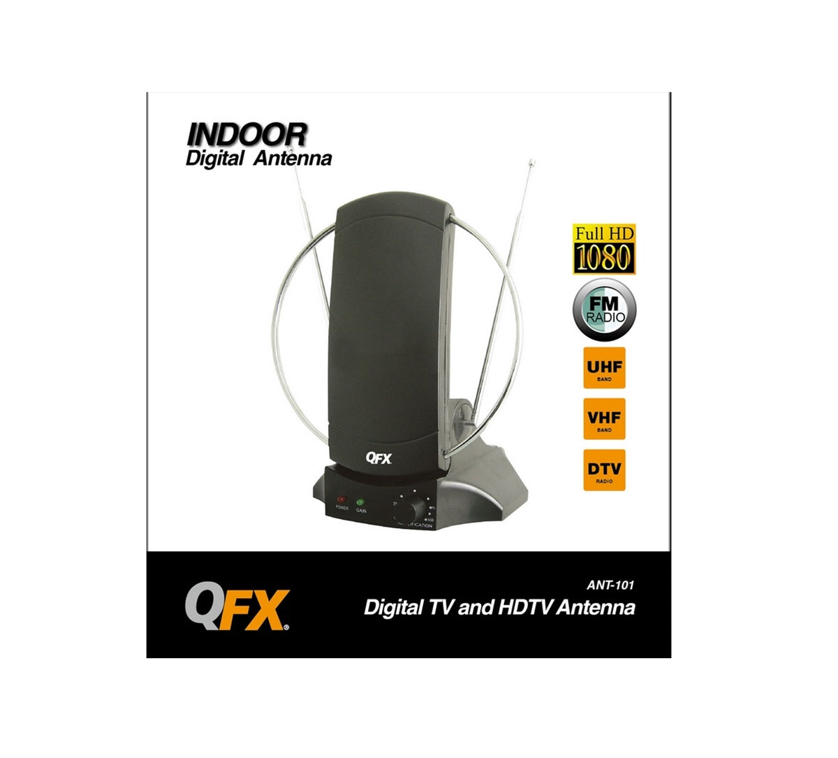 QFX ANT-101 Amplified HD/DTV/VHF/UHF/FM Radio 90-Degree Rotating Antenna