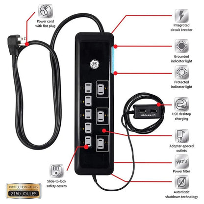 GE 34117 8 Outlet + 2 USB Ports UltraPro Surge Protector 2160 joules