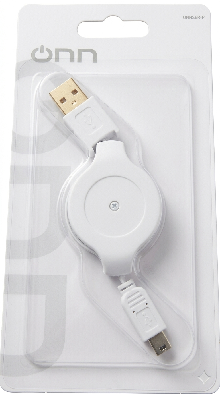 onn. Retractable USB to Mini-USB Sync & Charge Cable – White