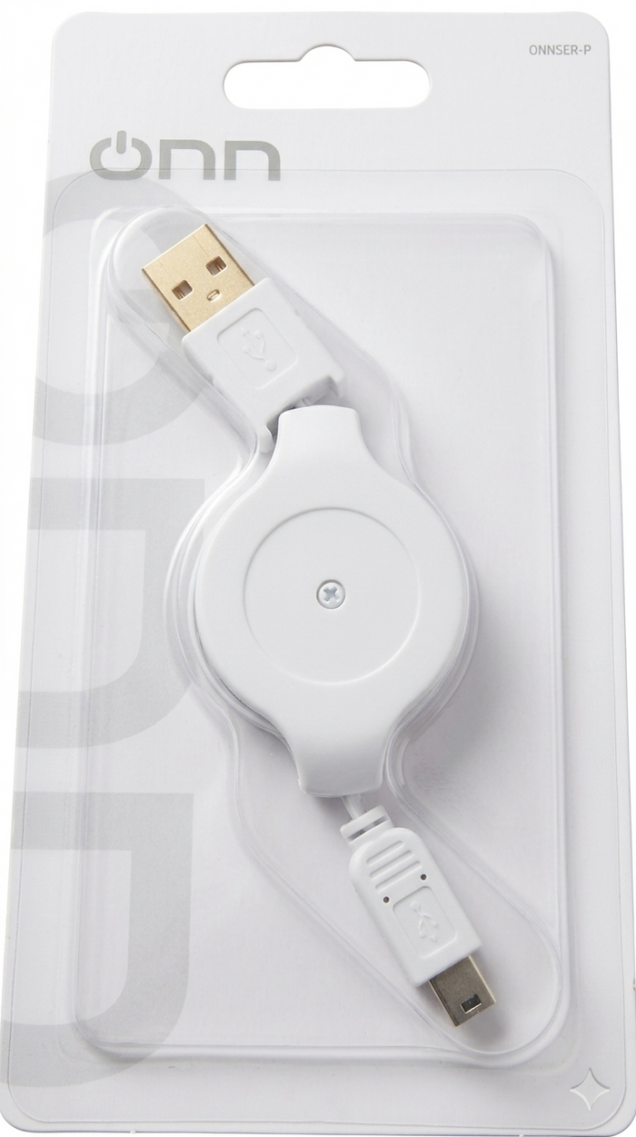 onn. Retractable USB to Mini-USB Sync & Charge Cable – White