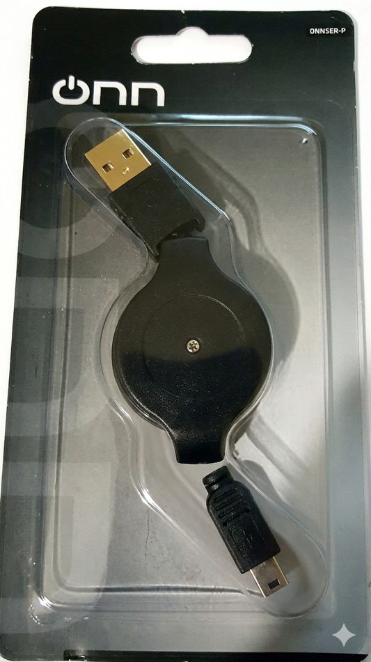 onn. Retractable USB to Mini-USB Sync & Charge Cable – Black