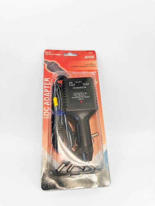 Universal DC Car Adapter with Multi-Voltage Selector and Interchangeable Tips