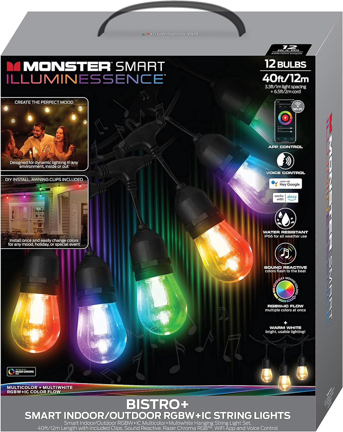 Monster Smart 35ft Bistro+ Patio LED RGB String Light,