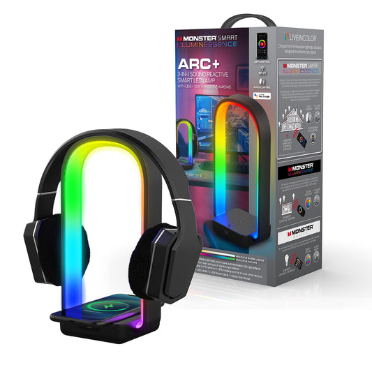 Monster ARC + Lampe LED multicolore réactive 3 en 1 avec son intelligent, lumière + support pour casque + chargement sans fil, contrôle par application et voix, chargement sans fil 10 W, chargeur de port USB arrière