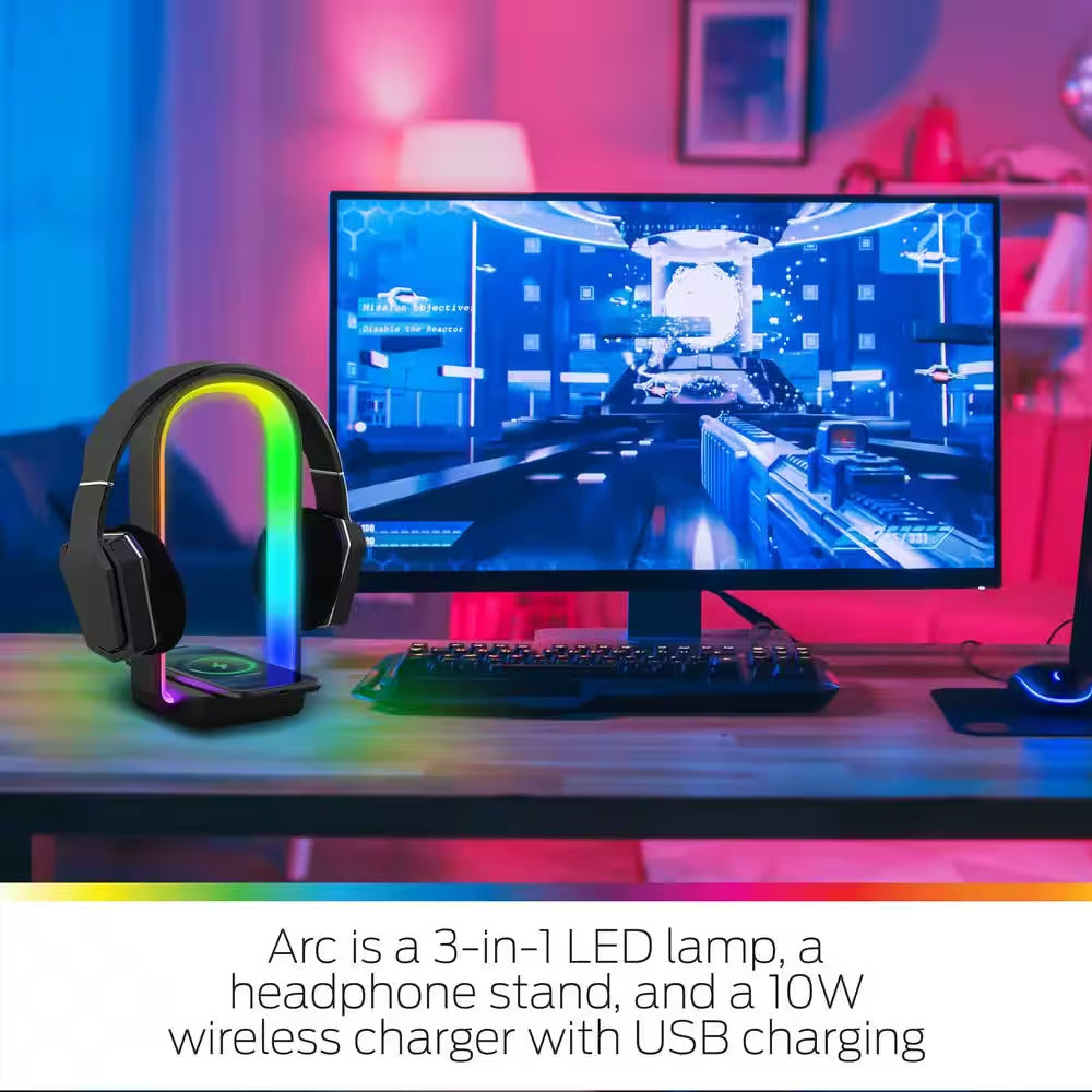 3-In-1 Sound Reactive Multi-Color Arc LED Lamp/Headphone/2 Charging Options
