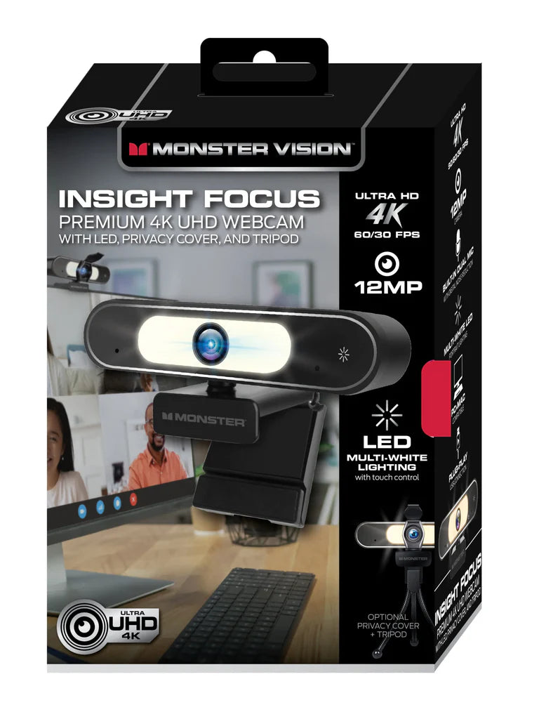 Webcam de téléconférence Monster Insight Focus Premium 4K UHD avec mise au point automatique et lumière contrôlable, 3084 x 2160p 4K Ultra HD 12 mégapixels, USB Plug and Play