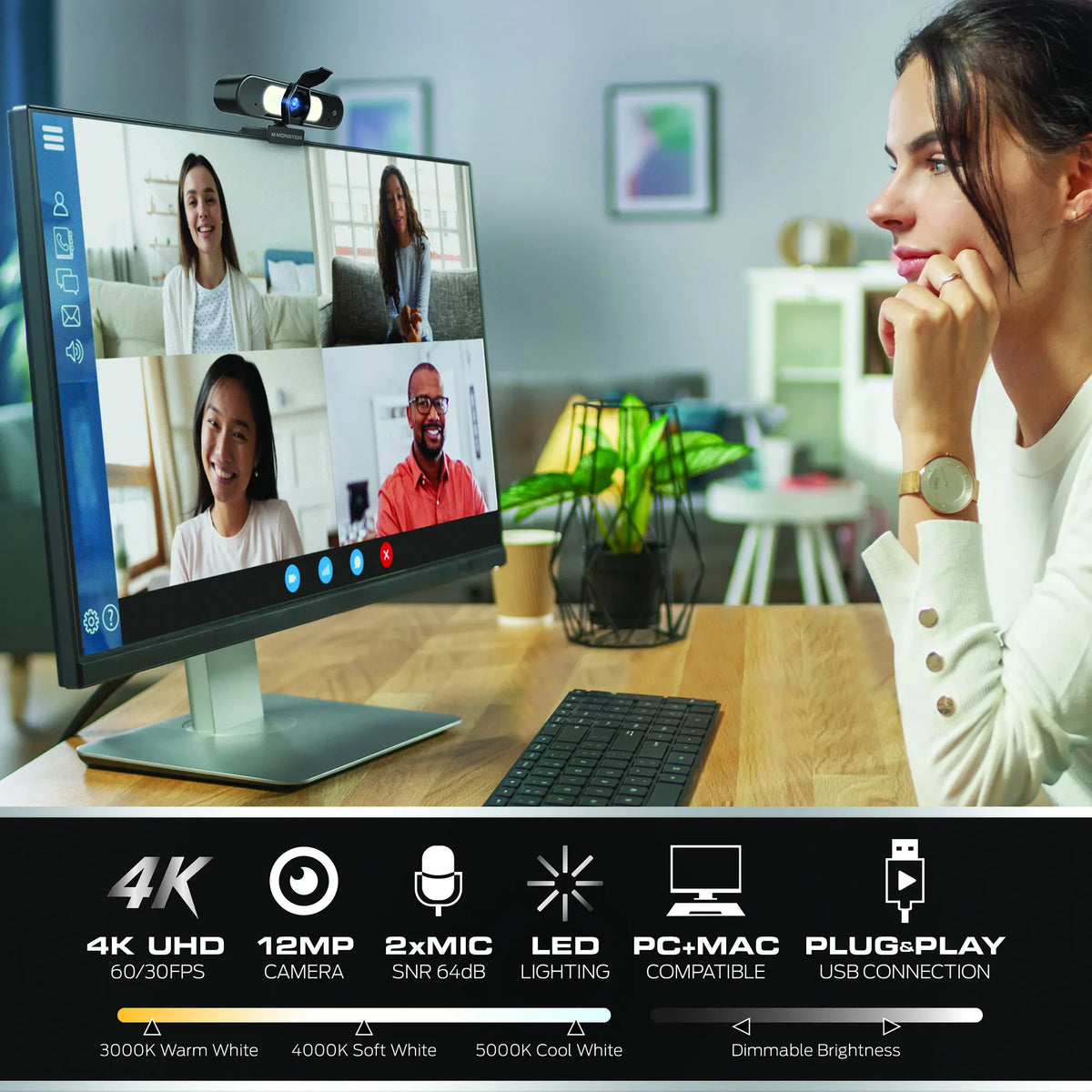 Webcam de téléconférence Monster Insight Focus Premium 4K UHD avec mise au point automatique et lumière contrôlable, 3084 x 2160p 4K Ultra HD 12 mégapixels, USB Plug and Play