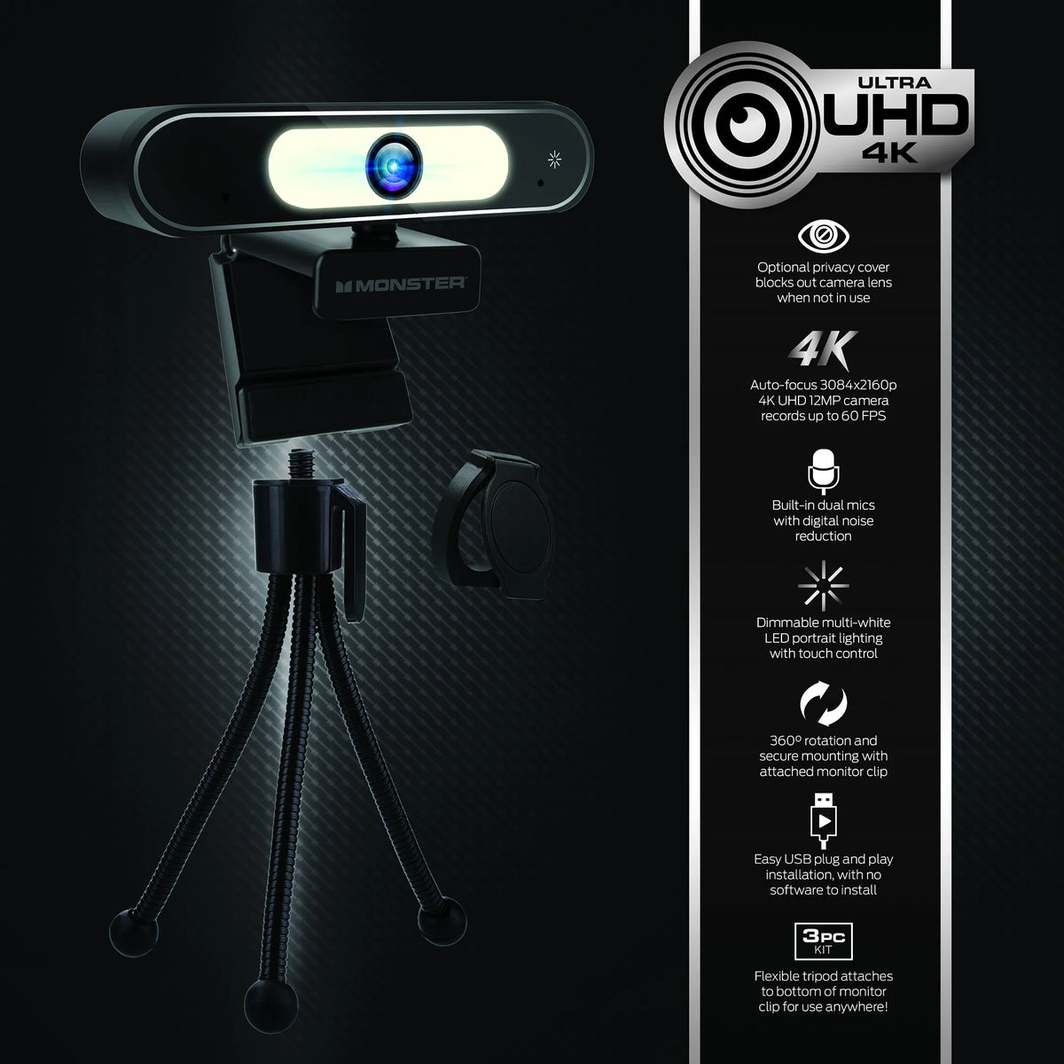 Webcam de téléconférence Monster Insight Focus Premium 4K UHD avec mise au point automatique et lumière contrôlable, 3084 x 2160p 4K Ultra HD 12 mégapixels, USB Plug and Play