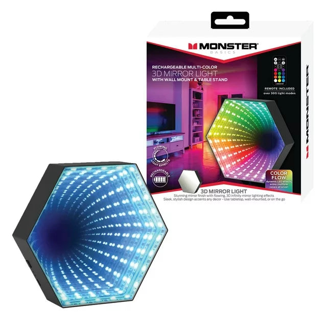 Lampe de miroir 3D multicolore rechargeable Monster LED, 300 réglages possibles, compacte, alimentée par USB 