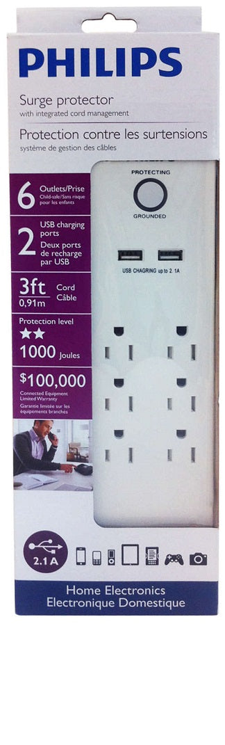 Philips Home Office Surge Protector Power Bar with 2 USB Charging Ports