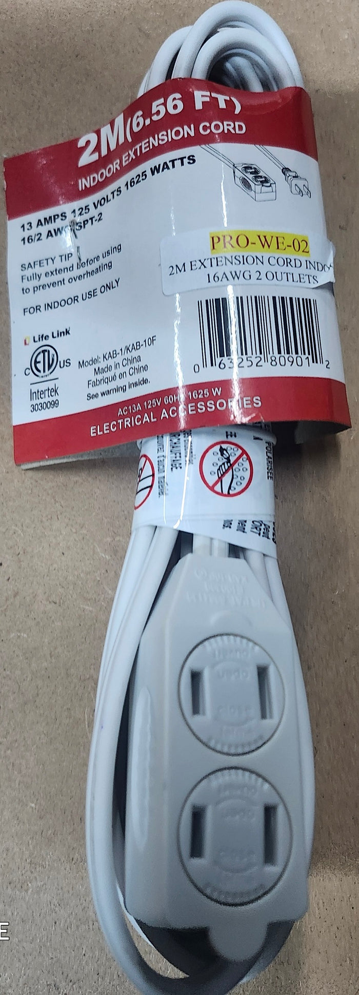 2M(6.56FT) Indoor Extension Cord WITH safety outlets WE-02-WH-(WHITE)
