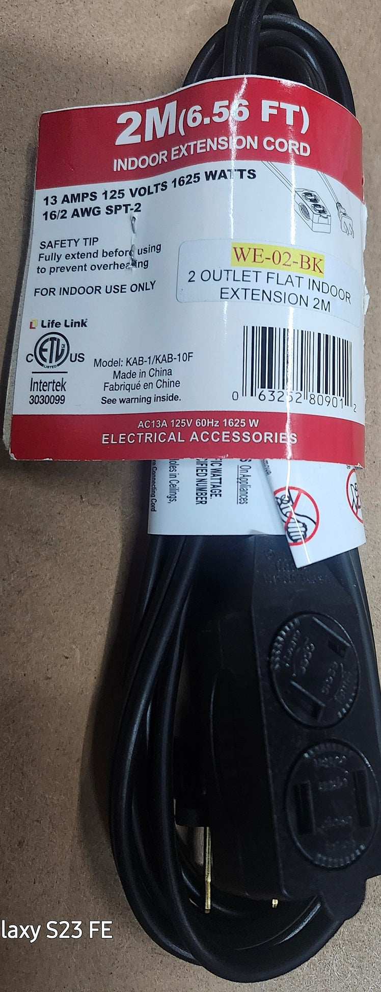 2M(6.56FT) Indoor Extension Cord BLACK safety outlets WE-02-BK-(BLACK)