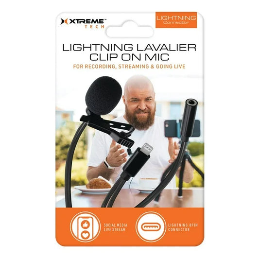 Tech Lightning Lavalier Clip-On Microphone, Built-In Wind Muff, 5ft Cable/Aux Port XAC9-1018-BLK