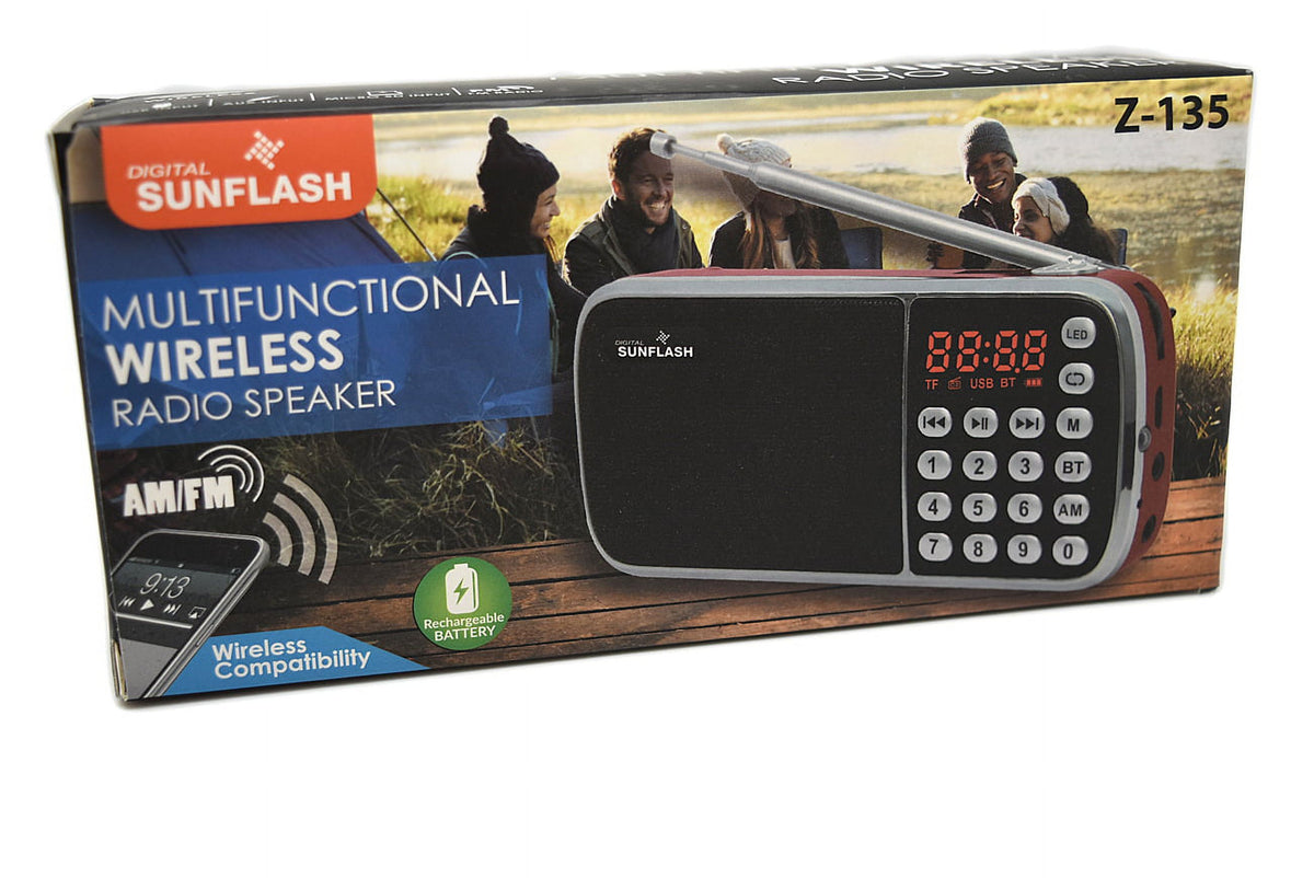 SunFlash Portable rechargeable sans fil BLUETOOTH USB // SD // AM // FM // Haut-parleur radio de poche auxiliaire avec tuner numérique / Z-135-Bleu/Rouge/Noir