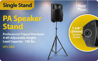 PA Speaker Stand by Hola! Music, Professional Tripod Structure, 4-6ft Adjustable Height, Model HPS-200S