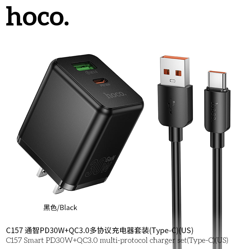 Official Hoco C157 GaN 30W USB C 18W USB-A Charger PD3.0 QC3.0 Fast Charger for iPhone 16 Pro Max 15 Pro Max 14 Pro Samsung s22 ,iPad Smart multi-protocol PD charger