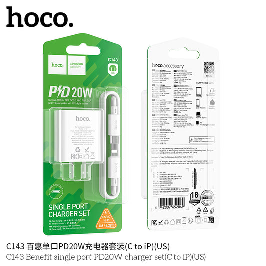 Hoco C143-C/IP PD20W USB-C to Lightning Fast Charger Cable for iPhone – Durable, High-Speed Charging