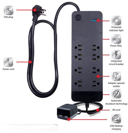 GE, noir, chargeur de protection contre les surtensions multiprise, 8 prises, 2 ports USB, charge rapide, prise plate, cordon long, 4 pieds, 37231, 4 pieds