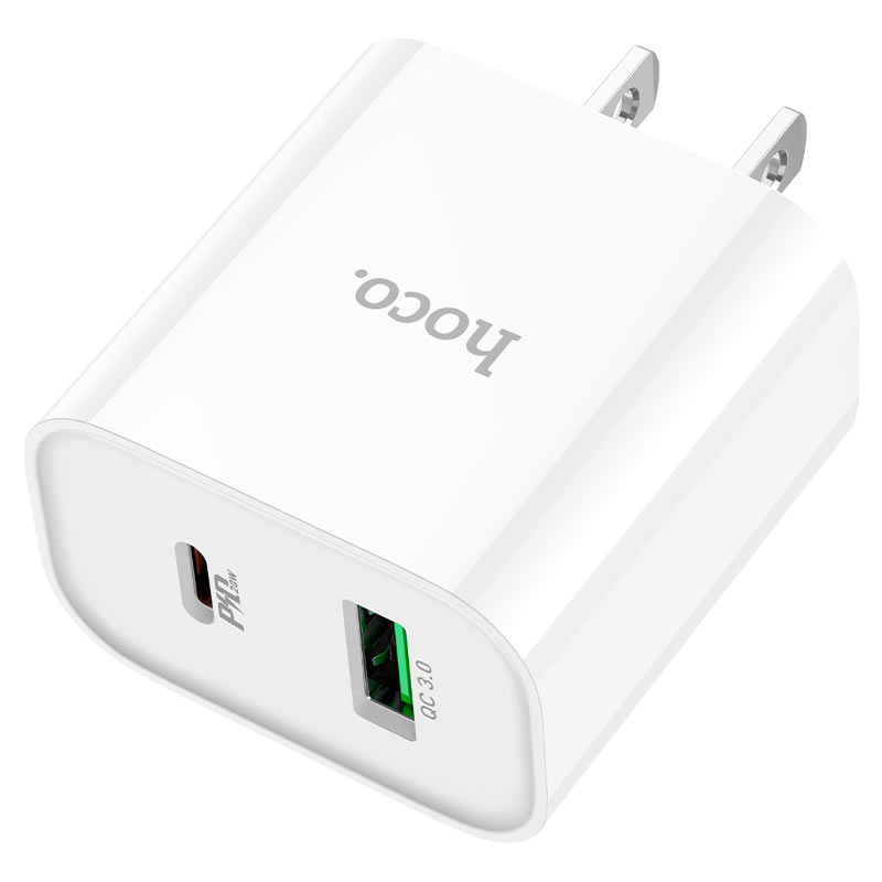 Hoco C80+CC 2 Ports Fast Wall Charger (USB + Type-C) 20W + Type-C to C Cable- White (Including type-c cable) C80CC