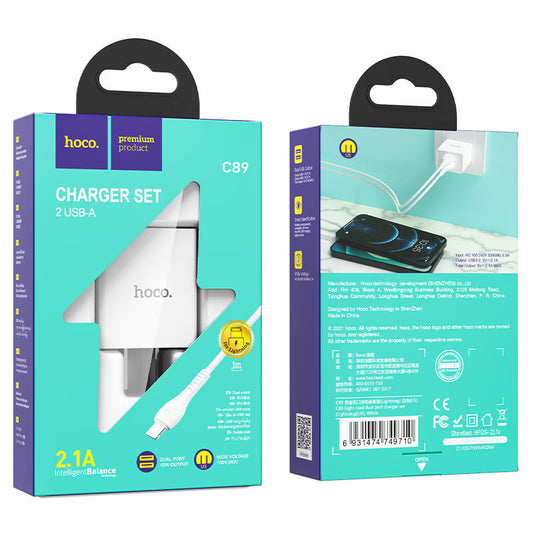 HOCO 2.1A DUAL WALL CHARGER INCLUDING LIGHTNING  3FT USB CABLE C89-LIGHTNING